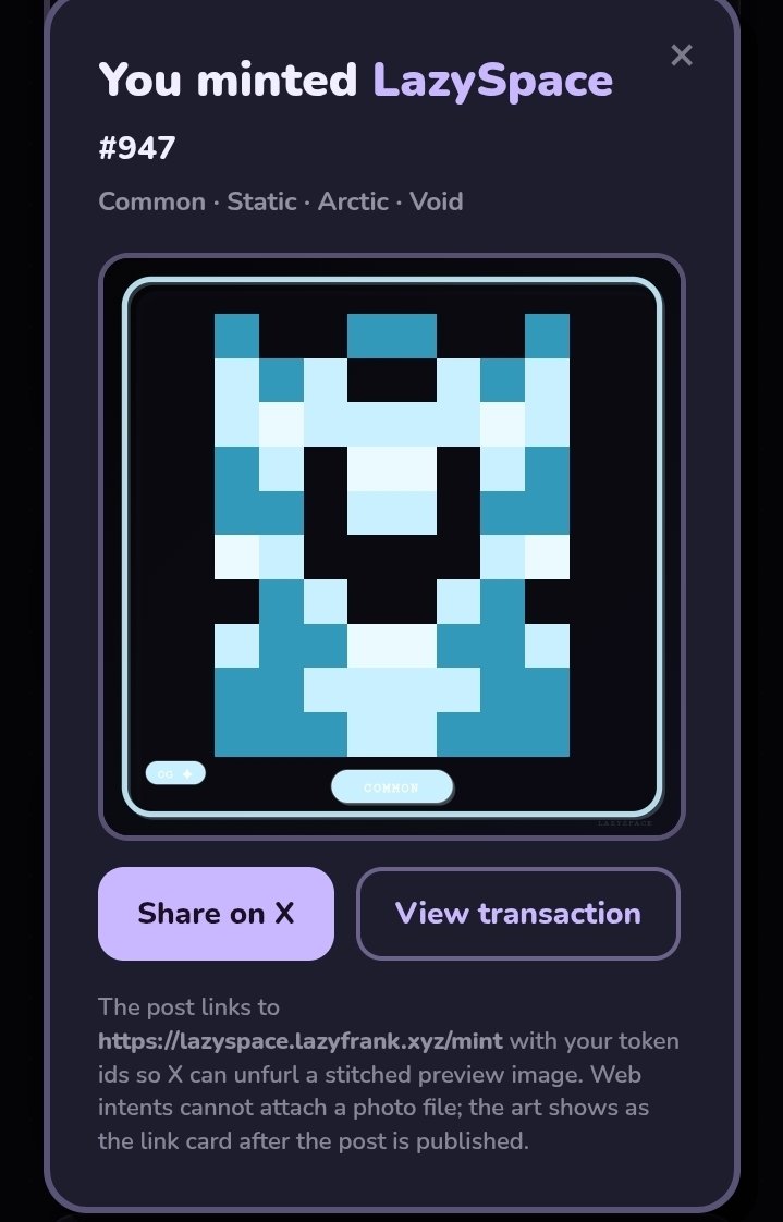 CAONHTAN1's tweet image. Try check, freemint on base
FCFS phase live
Link market: opensea.io/collection/laz…
#NFT #base #lazyspacesocial