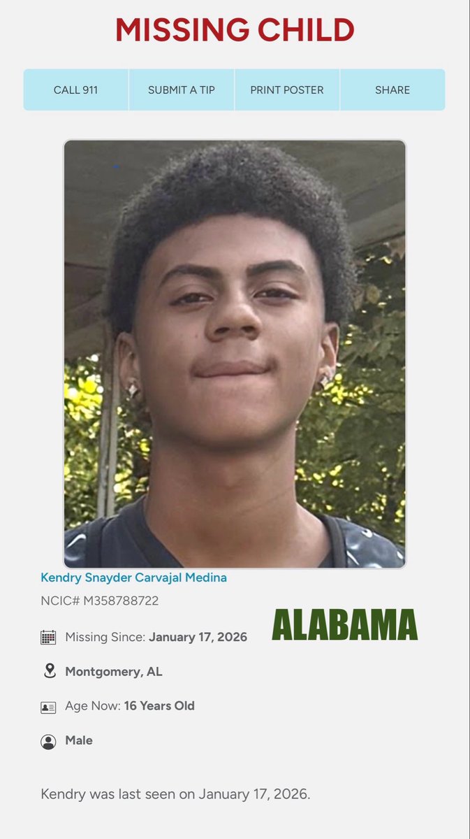 Ohio1ShyGirl's tweet image. #ALABAMA   #KendrySnayderCarvajalMedina, 16
#MissingChild ‼️Please Share‼️ #MissingPerson  #MissingPeople ☎️Montgomery Police Department (AL) (334) 625-2651   missingkids.org/poster/NCMC/20…