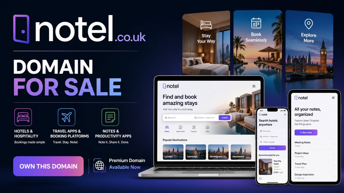ZyconDomains's tweet image. 💡 Premium UK Domain

Notel.co.uk is for sale

Yours for £295 + VAT

Domain Name Possibilities:
🏨 A Hotel Or Hospitality Brand
📱 A Travel App Or Booking Platform
💻 A Messaging/Notes Software Brand

zycon.co.uk/buy/notel.co.u…

#brandable #startup #branding #domainname