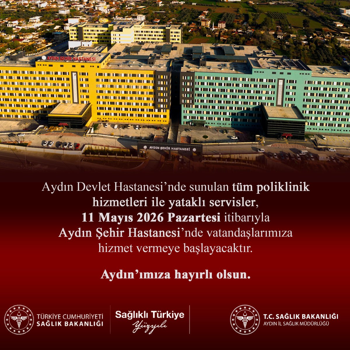 avomerozmen's tweet photo. Aydın Devlet Hastanemizin taşınma süreci başlamış olup;

Erişkin Hasta Acil Servisi 9 Mayıs 2026 Cumartesi günü, 
diğer tüm poliklinik ve yataklı servis hizmetleri ise 11 Mayıs 2026 Pazartesi günü, Aydın Şehir Hastanesi yerleşkesinde vatandaşlarımıza sağlık hizmeti sunmaya başlayacaktır.

Aydın Devlet Hastanemiz, yeni adresi olan Eski Kadın Doğum Hastanesi Hizmet binasında, devam etmekte olan bakım çalışmaları sonrasında hizmet vermeye başlayacaktır.

#Aydın’ımıza, tüm vatandaşlarımıza hayırlı olması temennilerimizle…