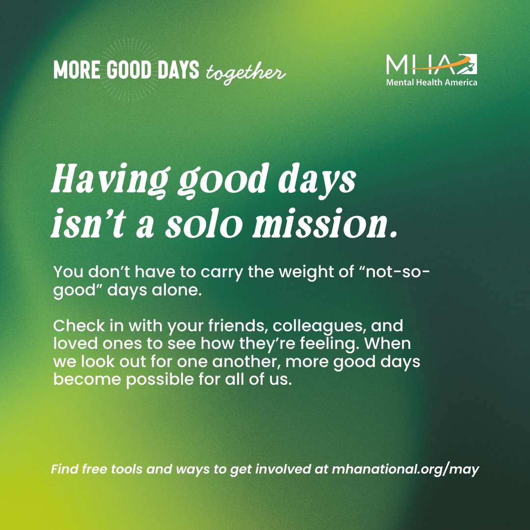 LifeSkillsInc1's tweet image. May is #MentalHealthMonth! This May, Mental Health America is helping people have more good days by meeting them where they are, supporting them as whole people, and understanding that “good” is subjective.

Let’s have more good days, together.

mhanational.org/may 💚