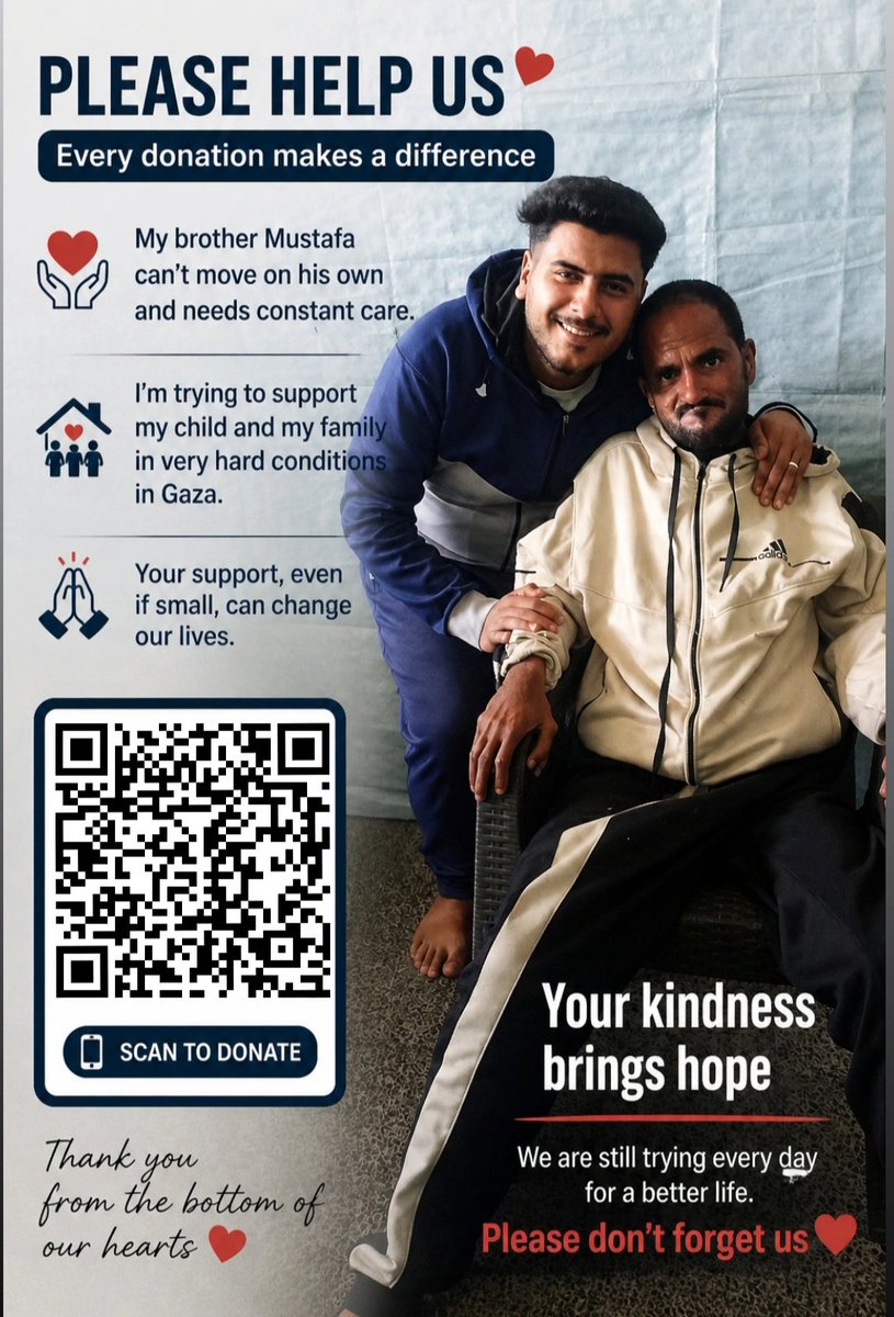 This is my brother Mustafa… 💔
He can’t move on his own and needs constant care. His wheelchair is broken, and without it, he is completely helpless.
Please scan the code to help him 🙏
Every small support makes a difference
chuffed.org/project/174571…