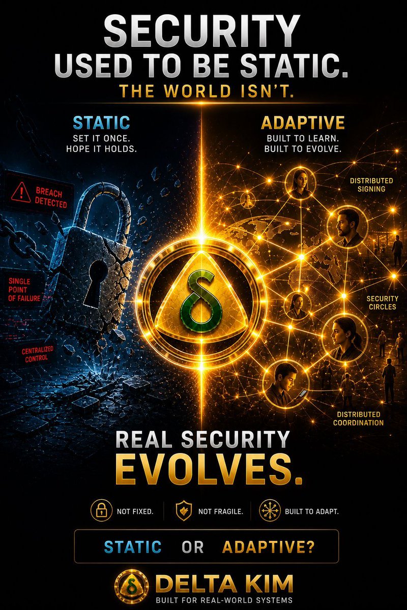 TheDeltaGlobal's tweet image. #Security used to be static.
Set it once.
Protect it forever.

But the world doesn’t stay static.

Threats evolve. 
Systems change.
Users behave unpredictably.

So why should security stay the same?
A new model is emerging.

Not just protection,
but adaptation.

Delta combines: