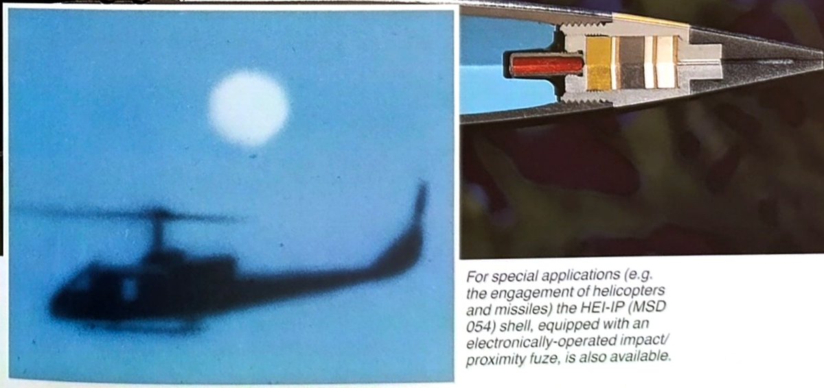 ConIbims's tweet photo. @kyle_harmse @ChungTzuW This looks alot like what Oerlikon later advertised in one of their brochures for the GDF-005 platform.
The explosive mass (filler) of MSD-054 was the same as MSD-042, i.e. 112g of Hexal P30.

So it may not be entirely impossible to show XM246 firing proximity fuzed HEI. https://t.co/G9BuHSfQ22