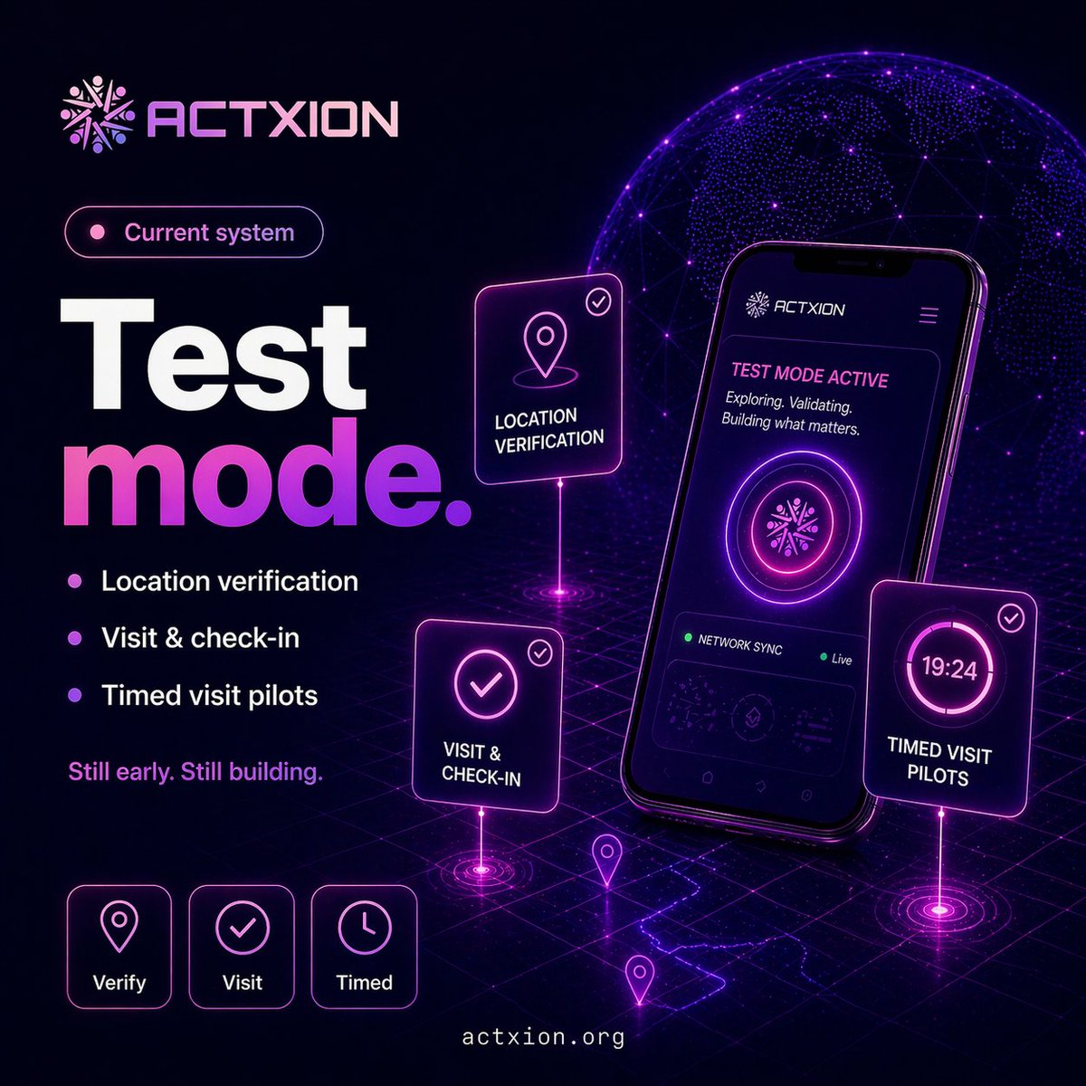 Actxionofficial's tweet photo. A new layer starts with a simple action: showing up.
Actxion is now in closed testing, starting with location-based check-ins.
More soon. https://t.co/jnN6sbwoyo