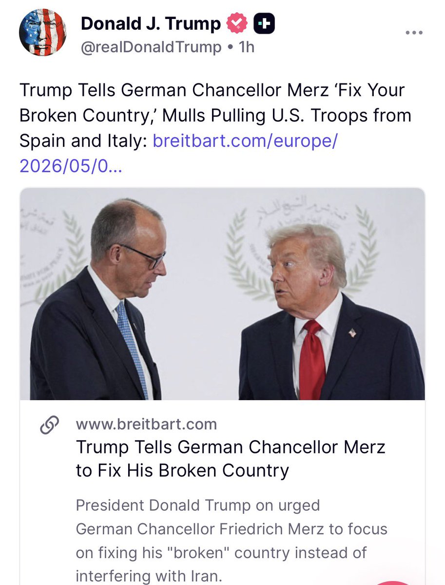 TruthTrumpPost's tweet photo. President Trump posts on Truth Social: 

Trump Tells German Chancellor Merz ‘Fix Your Broken Country,’ Mulls Pulling U.S. Troops from Spain and Italy: https://t.co/HzhD5qGl9y https://t.co/95tlf9m3Do