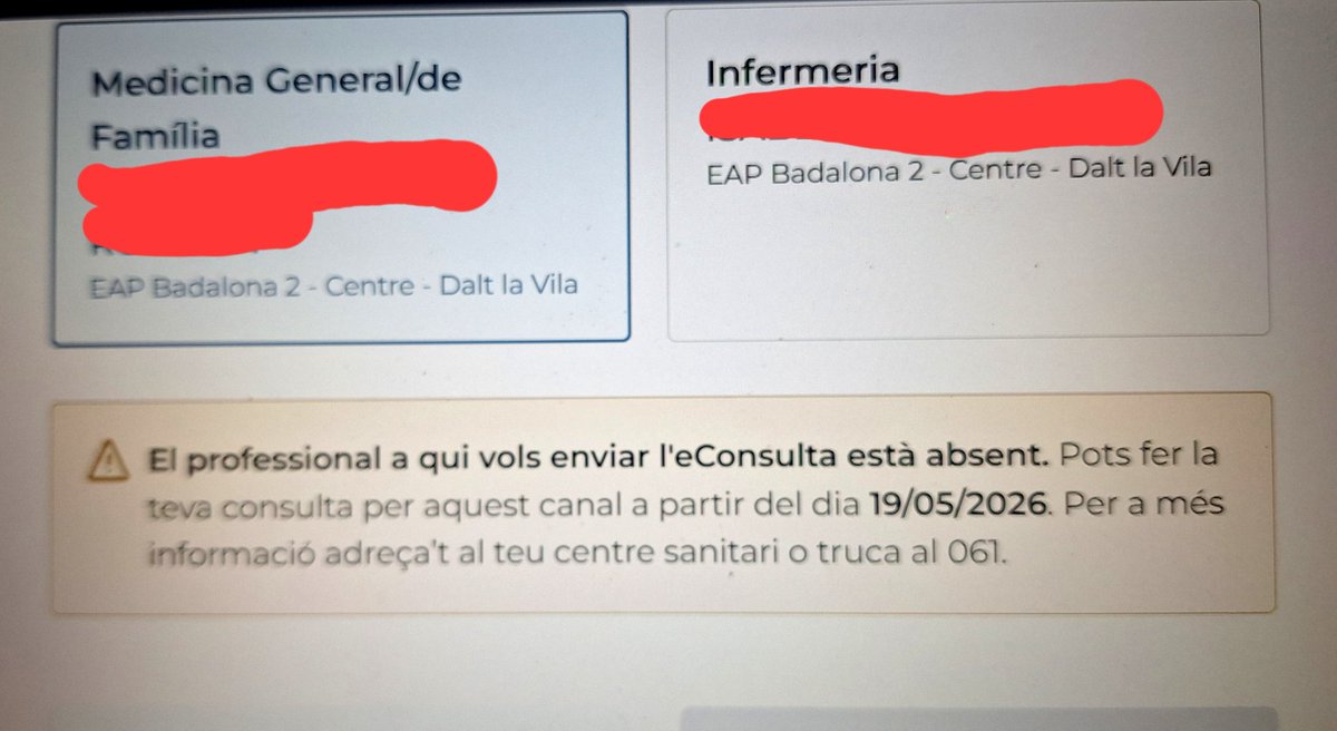 FrancescRibot's tweet photo. Demà em passarè pel meu CAP de #Badalona  perquè m'expliquin que s ha de fer quant mires d'enviar el resultat d unes proves, a la teva metgessa de capçelera i No estava disponible fins d'aqui 21dies i mires d enviar-lo a la infermera i no està disponible fins 12/2/ 2027, SI, 2027 https://t.co/ogYAoX6jim