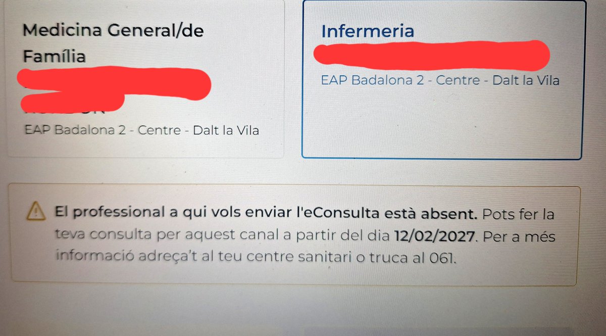 FrancescRibot's tweet photo. Demà em passarè pel meu CAP de #Badalona  perquè m'expliquin que s ha de fer quant mires d'enviar el resultat d unes proves, a la teva metgessa de capçelera i No estava disponible fins d'aqui 21dies i mires d enviar-lo a la infermera i no està disponible fins 12/2/ 2027, SI, 2027 https://t.co/ogYAoX6jim