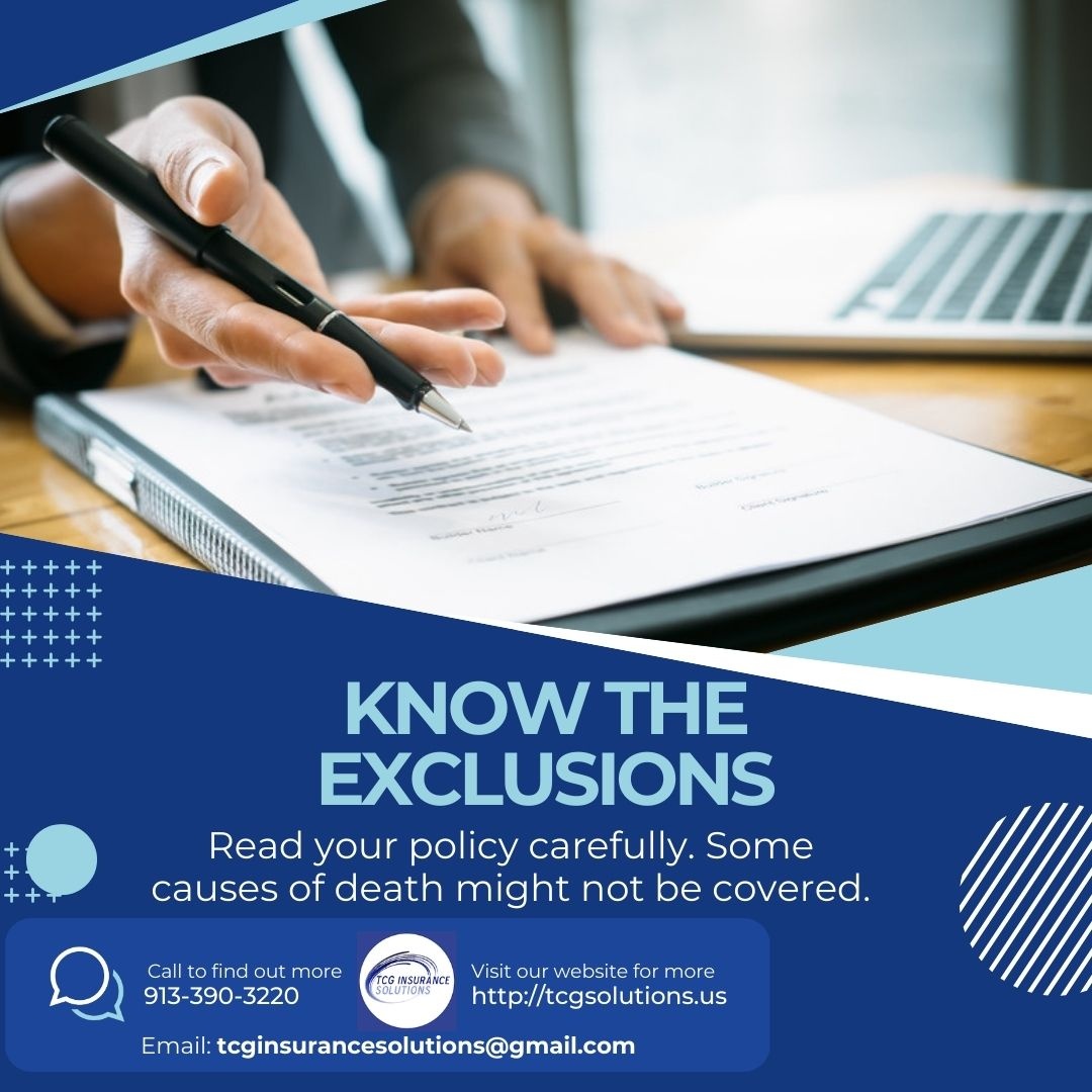 TCGSolutions's tweet image. A great example would be if death is the result of committing a felony. Check your policy exclusions for more instances.

#LifeInsurance #GetLifeInsurance #Family #Love #PeaceofMind