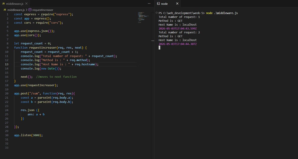 avantiikonde's tweet image. Built a simple Express middleware today 🚀

Tracking total requests, logging method + hostname, and timestamps for every hit.

Feels good to finally understand how middleware sits between request and response.⚡️

#Javascript  #express #webDev #backend