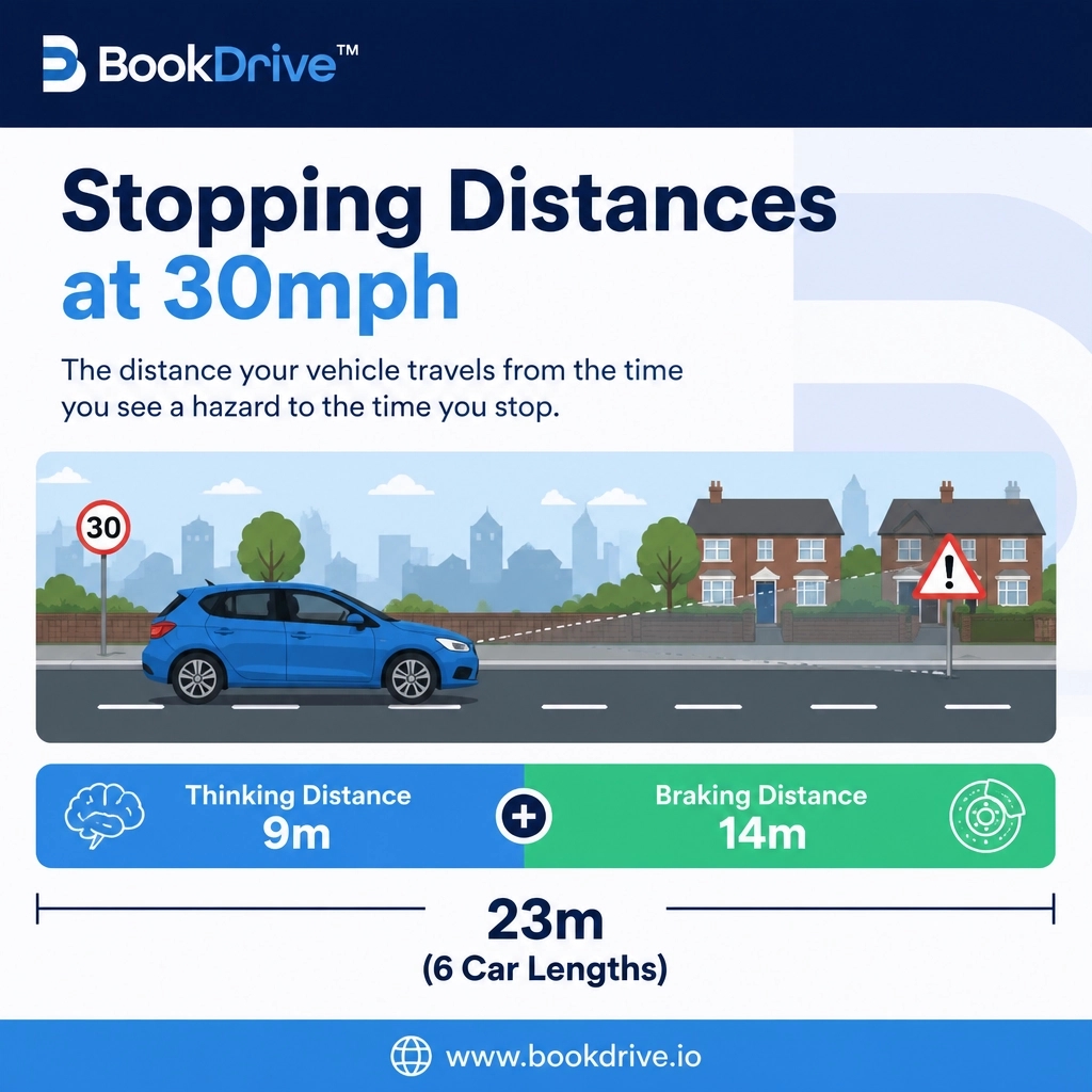 bookdrive4's tweet image. Know your stopping distances? 🛑

At 30mph, it's 23m (6 car lengths):
🧠 Thinking: 9m
👟 Braking: 14m

Rain or ice can double this! Ace your theory with the BookDrive™ app: bookdrive.io 📱

#StoppingDistances #TheoryTestUK #BookDrive #RoadSafety