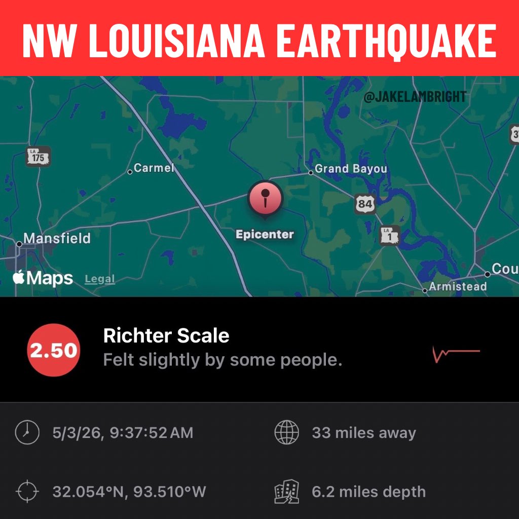 jakelambright's tweet photo. ARKLATEX EARTHQUAKE: Another weak earthquake occurred this morning near Grand Bayou, LA, or right in between Mansfield and Coushatta. It registered as a magnitude 2.5 with a depth of 6.2 miles. If you were in this area, did you feel the quake? #louisiana #coushatta #earthquake https://t.co/UBSfxK0ola