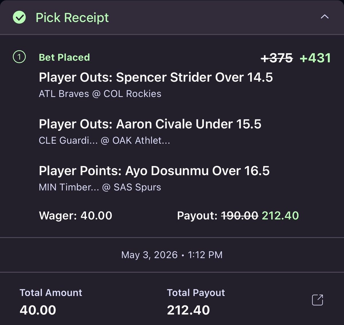 GhostEVplays's tweet image. ⚾️ Onyx Odds Parlay Boost

🏀 +431 (FV +402.59)
+EV: 5.67%
Playing: 0.23 Units

#onyx #odds #sports #nba #mlb