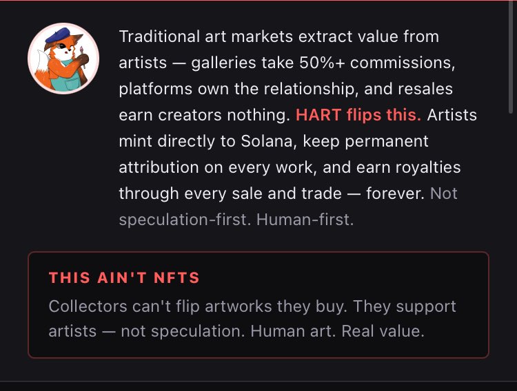 mousedevv's tweet photo. Builders & on-chain creators: 
Human art just got permanent on Solana.

hART = Human Art Record & Trade
• Mint directly → permanent wallet attribution (can't be stripped)
• Royalties enforced forever on every trade
• No platform cuts, no censorship, artist-owned
• Community canvases + peer swaps

Built by artists for artists
Learn more below
