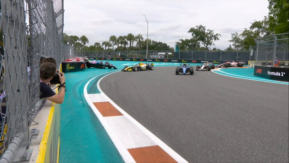 F1's tweet image. LAP 7/57

Gasly is also in the wall, with the rear of his car resting on the barriers!

The replay shows his Alpine has rolled in a collision with Lawson 

#F1 #MiamiGP
