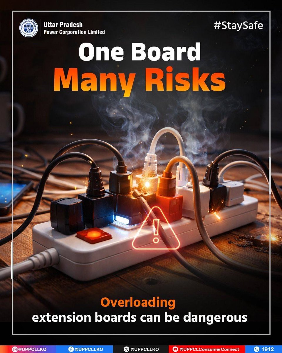 SE_KUSHINAGAR's tweet image. Avoid connecting multiple heavy appliances to a single extension board. Stay cautious and protect your home from electrical hazards.
#UPPCL #StaySafe #ElectricalAwareness
@CMOfficeUP @EMofficeUP @aksharmaBharat @ChairmanUppcl @mduppcl @MD_PuVVNL @UPPCLLKO @PuVVNLHQ