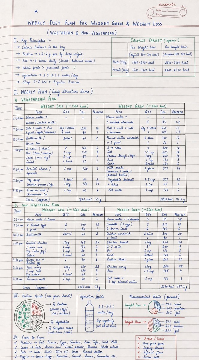 SolipsisMatrix's tweet image. 💪 Struggling to lose or gain weight? 

I made this practical Weekly Diet Plan for both Vegetarians &amp;amp; Non-Veg eaters with exact timings, calories, protein targets &amp;amp; Indian foods. everything covered!  Which one are you trying ? #DietPlan #WeightLoss #MuscleGain #FitnessIndia