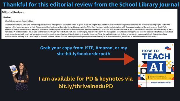 Rdene915's tweet image. Happy Sunday! Time to grab a great book! Learn more about #AI via my book &amp;amp;How to Teach AI &amp;amp; read the reviews! I am available for PD &amp;amp; keynotes. Get your copy today via ISTE, Amazon, or the link in the image. #education #edtech #edchat #generativeAI #k12 #librarian @ISTEOfficial
