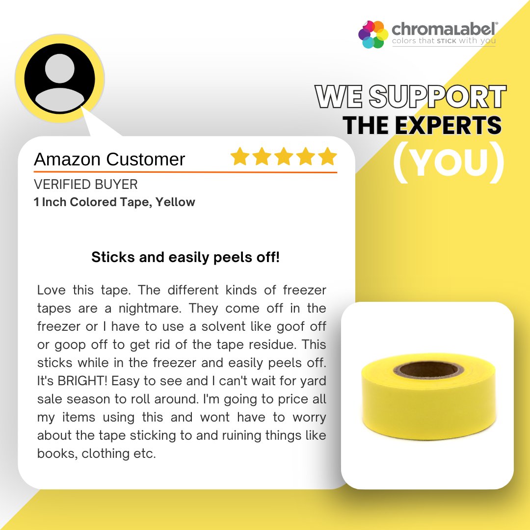 No more peeling corners or sticky messes. Our removable tape sticks tight in the freezer, peels off clean, and is bright enough to spot instantly. Bonus? It’s perfect for yard sales too—no damage to books, clothes, or other items!