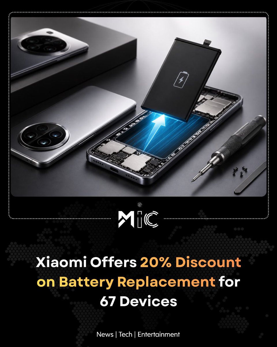 mictechofficiaI's tweet image. Xiaomi is offering 20% off battery replacement for 67 devices for a limited time, helping users refresh their phones at a lower cost.

#Xiaomi #Battery #TechNews #Smartphones #mictech #micnews