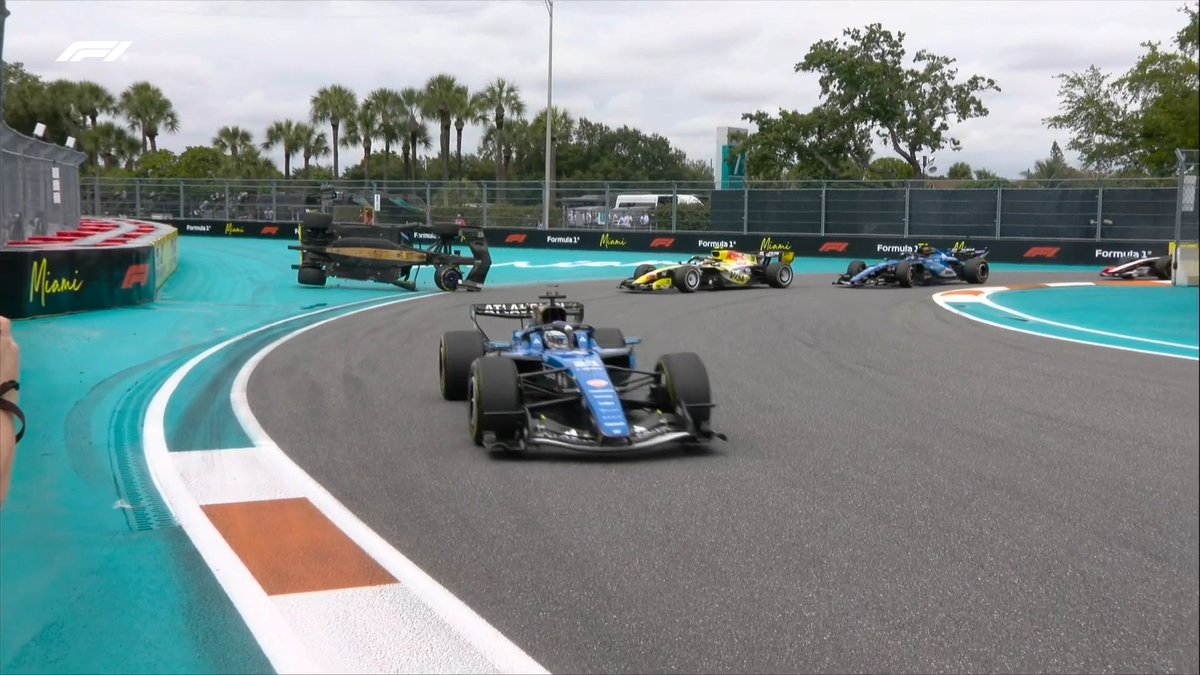 F1's tweet image. LAP 7/57

Gasly is also in the wall, with the rear of his car resting on the barriers!

The replay shows his Alpine has rolled in a collision with Lawson 

#F1 #MiamiGP