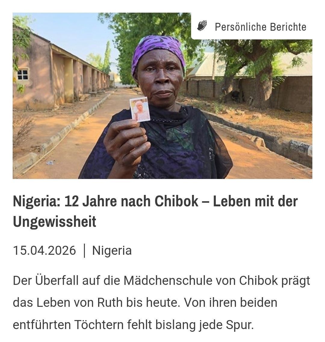 Matthias_Teh's tweet image. #Christenverfolgung in #Nigeria:
Im April 2014 verschleppte #BokoHaram über 270 christliche Mädchen aus ihrer Schule. Viele kamen frei – doch 82 fehlen bis heute.

Ruth wartet immer noch auf Godiya und Hauwa. „Ich weiß nicht, ob sie leben oder tot sind“, sagt die Mutter. Der