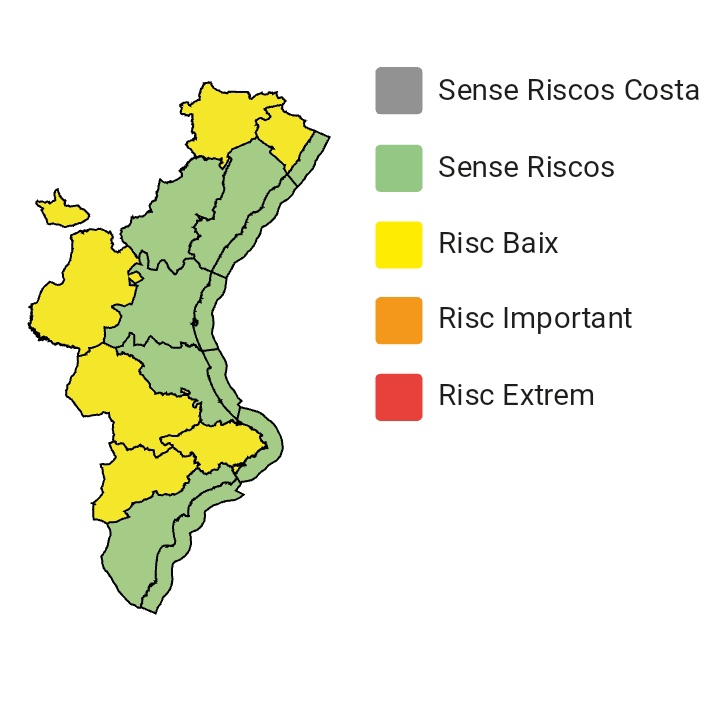 GVA112's tweet photo. (19:10h) 🚨El Centro de Coordinación de Emergencias actualiza sus alertas y establece alerta por lluvias y tormentas nivel amarillo en:

🟡Todo el norte de Castellón, todo el interior de Valencia y en el interior y litoral norte de Alicante https://t.co/ryu82hmUJt