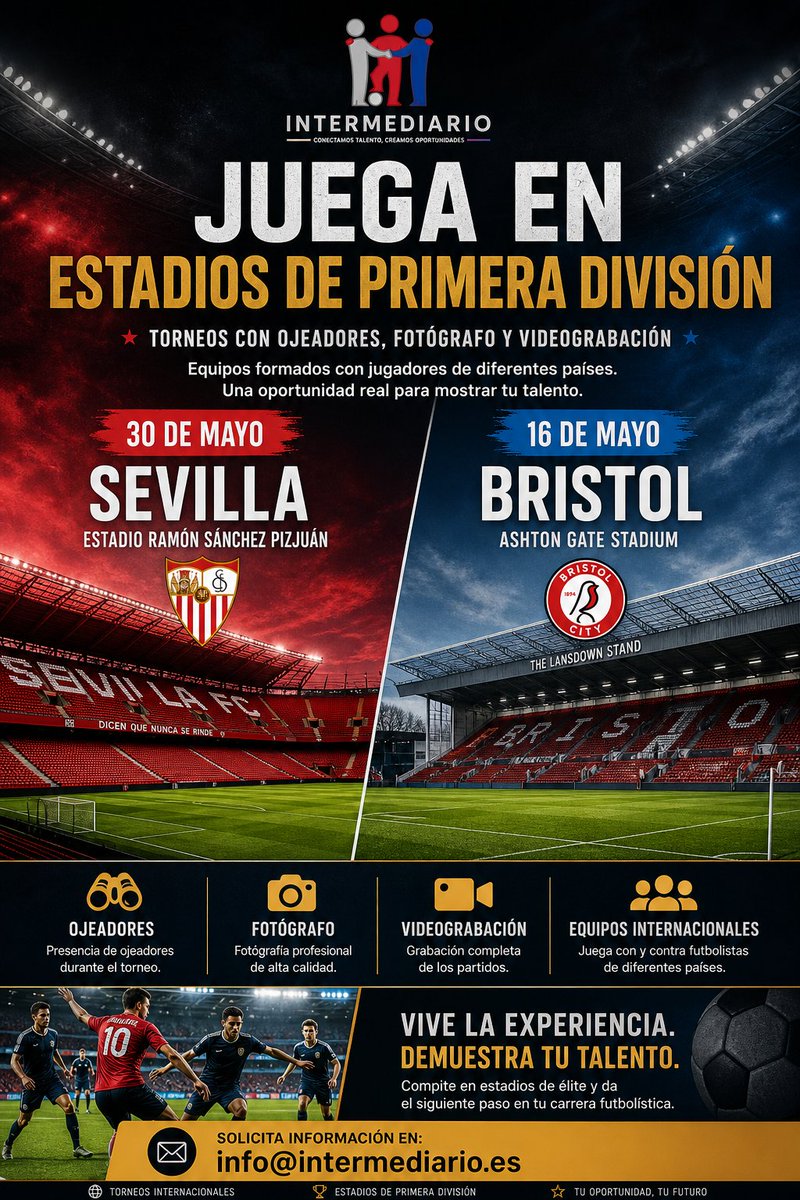 IntermediarioSp's tweet image. ⚽ ¿Quieres jugar en un estadio profesional?

📍 16 mayo – Bristol
📍 30 mayo – Sevilla (Estadio Ramón Sánchez Pizjuán)
👀 Ojeadores
📸 Fotos
🎥 Vídeo

Equipos con jugadores internacionales.
📩 info@intermediario.es
#Futbol #Ojeadores #Trials
