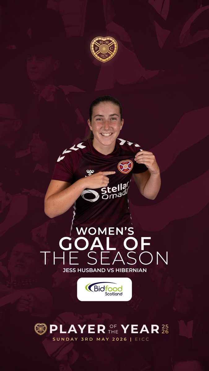 heartswomenfc's tweet photo. 🏆 Now it's time for the Women's Goal of the Season Award, sponsored by Bidfood Scotland 

And the winner is... Jess Husband for her strike in the Edinburgh Derby at Tynecastle Park! https://t.co/8ZKTh7vf8X