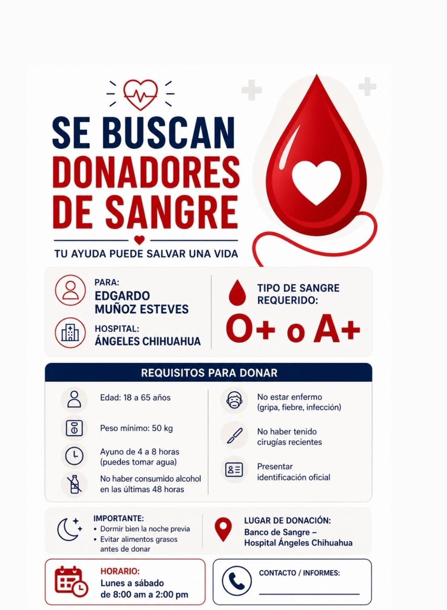 Jess_Gaitan's tweet image. Estamos buscando donadores de sangre #donadoresdesangre #blooddonation en #Chihuahua en el @AngelesChih nos ayudan a difundir  para que llegue a las personas correctas y el Sr.Edgardo Muñoz reciba la ayuda necesaria pls! #rt @ChumelTorres
Nos ayudas con el RT, pls compa!