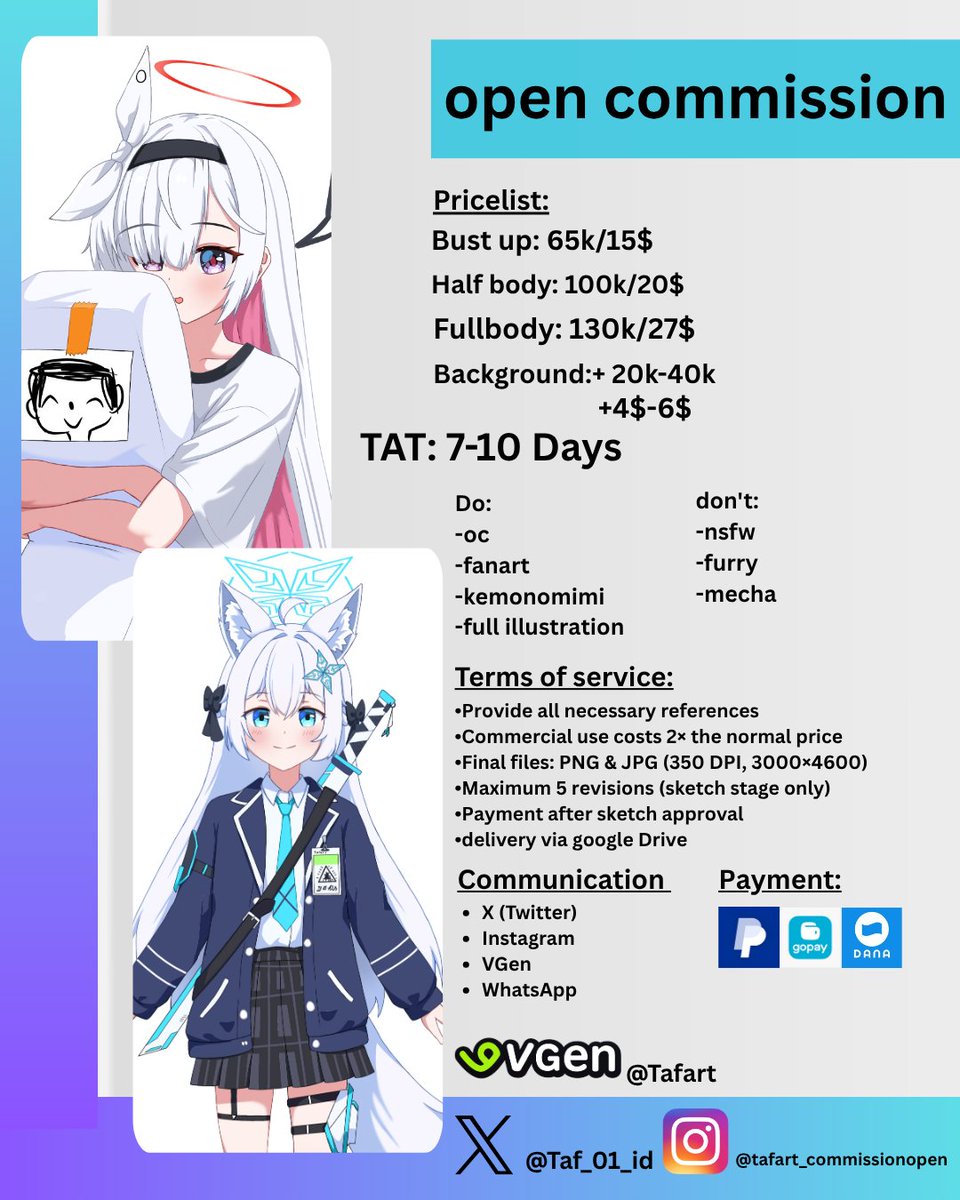Taf_01_id's tweet image. OPEN COMMISSION! ✨
My commission is now open!
Feel free to DM me if you're interested or have any questions.
You can also order via VGen.vgen.co/Tafart
Retweets are highly appreciated! 💛 

Thank you 😁
#opencommission #VGenCommission #commissionsopen #animeart #digitalart