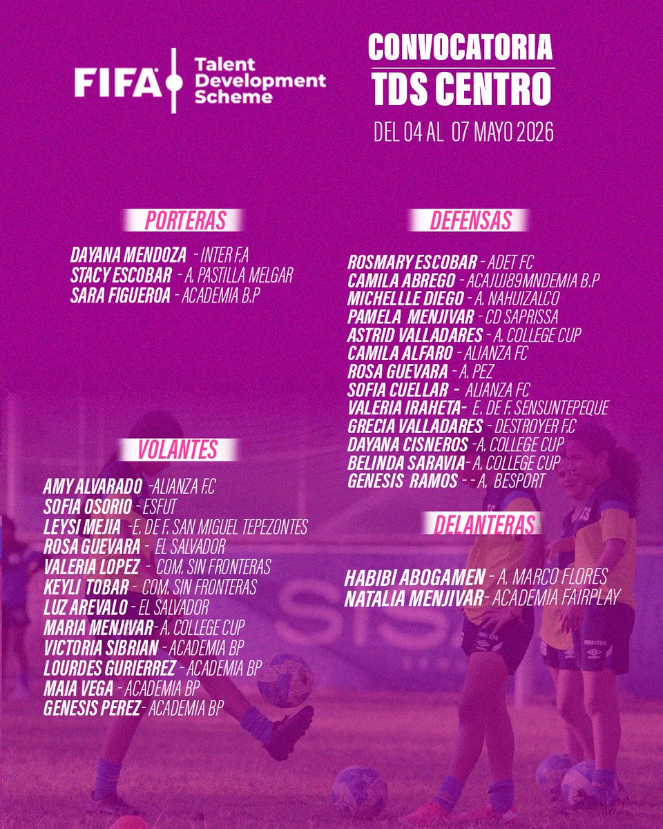 fesfut_sv's tweet photo. Presentamos las convocatorias femeninas de nuestro Programa Desarrollo de Talentos (TDS) FIFA - FESFUT

Zona Occidental
📍INDES Santa Ana
📆 Del 4 al 7 de mayo de 2026
⌚ 1:30 pm

Zona Oriente Paracentral
📍ADFAS Usulután
📆 Del 4 al 7 de mayo de 2026
⌚ 1:30 pm

Zona Oriente
📍INDES San Miguel
📆 Del 4 al 7 de mayo de 2026
⌚ 3:30 pm

Zona Centro
📍FESFUT
📆 Del 4 al 7 de mayo de 2026
⌚ 3:30 pm

#TDS #FESFUT #ElSalvador