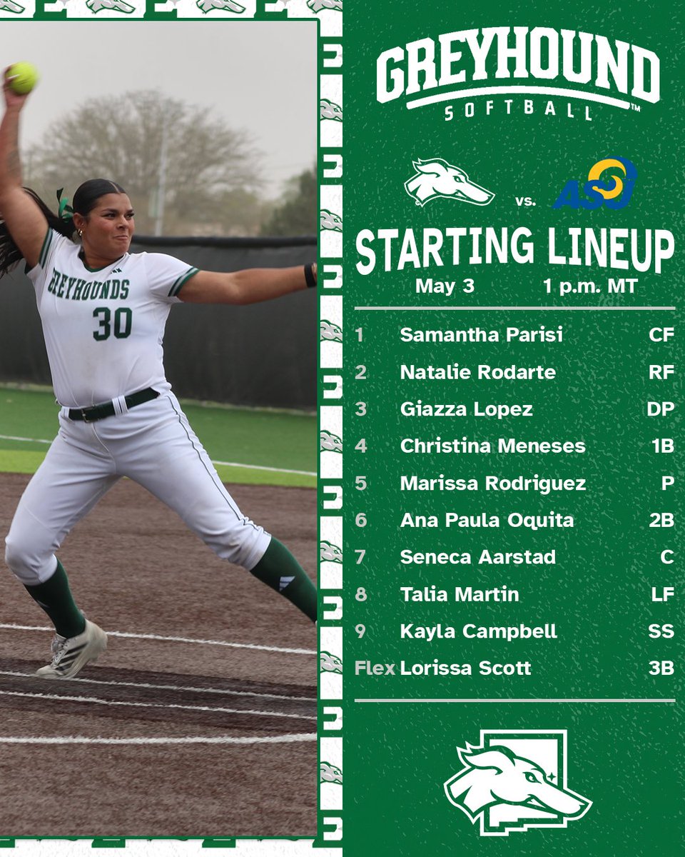 ENMUSoftball's tweet photo. Today's starting 9 against No. 13 Angelo State 🥎🥎

Come out and support our seniors on their last outing at the Greyhound Softball Field!

#ALLIN #ENMU https://t.co/OzgHP2SLW9