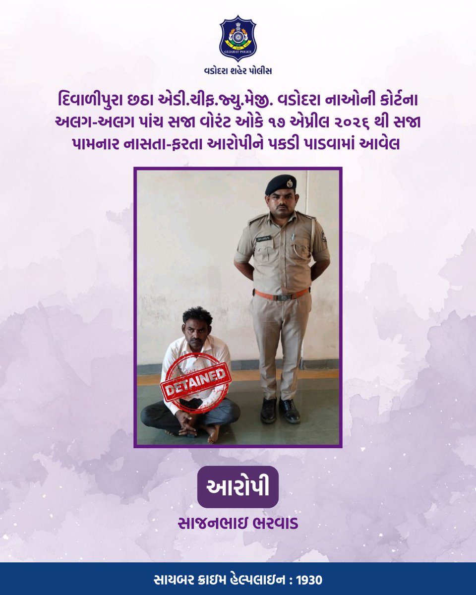 Vadcitypolice's tweet image. દિવાળીપુરા છઠા એડી.ચીફ.જ્યુ.મેજી. વડોદરા નાઓની કોર્ટના અલગ-અલગ પાંચ સજા વોરંટ ૧૭ એપ્રીલ ૨૦૨૬ થી સજા પામનાર નાસતા-ફરતા આરોપીને પકડી પાડવામાં આવેલ @dgpgujarat @GujaratPolice

#vadodaracitypolice #vadodarapolice #safety #protection #patrolling #crime #arrested #detained #jailed