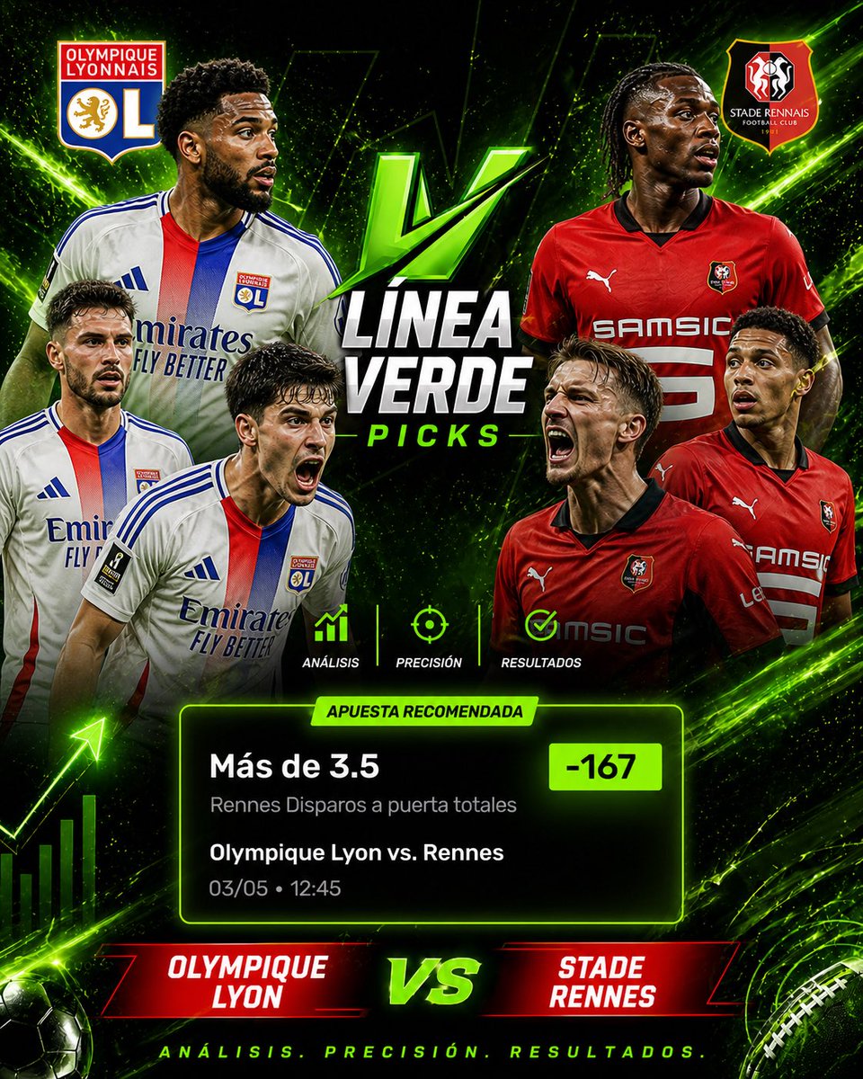 LineaVerdePicks's tweet photo. FREE PICK ✅✅
Rennes lleva +3.5 tiros a puerta en 5/5 
Olympique Lyon vs Rennes ⚽️
Nos sigues?👀
#Playdoit  #Picks https://t.co/HpHiXDfaNP