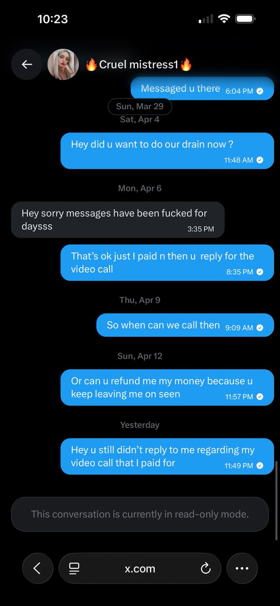 Arjun77127225's tweet photo. @CruelMistress1 She’s a scammer; she asks for money for a call I sent  send and doesn’t call and blocks you https://t.co/nU4Q7kEARV