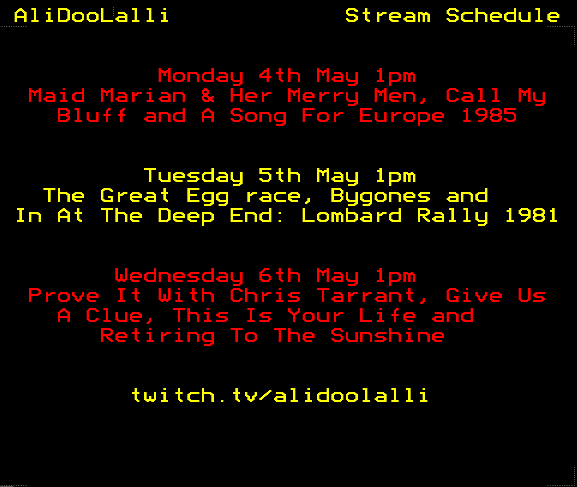 AliDooLalli's tweet image. Coming up this week twitch.tv/alidoolalli #twitch #retro #TV #Eurovision