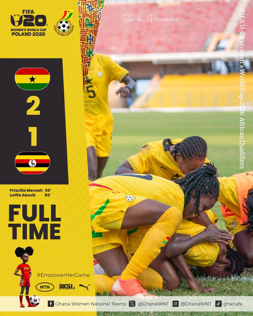 GhanaWNT's tweet image. ⏰: Full Time.

We come from behind to get the crucial win.

🇬🇭 2:1 🇺🇬

We Keep going #StrongerTogether💪🏽 

#ShineBlackPrincesses✨
#BringBackTheLove 🥰