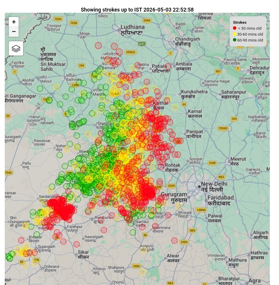 weathermanMD's tweet image. 🔴 Intense #Thunder and #Lightning affecting #Haryana with intense #rain.

🔴 #Jind #Kaithal #Karnal #Rohtak #Panipat #Gurugram #Faridabad on alert for next few hours.

🔴 #Delhi and #DelhiNCR be ready for this intense weather because it is moving towards this area in next 4-5