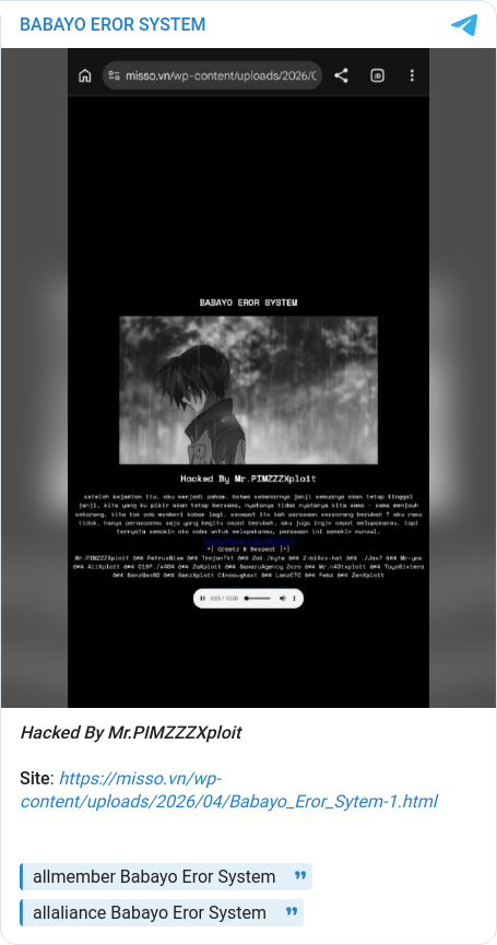 ThreatviewioLab's tweet image. 🚨 DEFACEMENT ALERT 🚨
Group: BABAYO EROR SYSTEM
Targets:
• Babayo Eror System

#threatintel #defacement #indonesia
