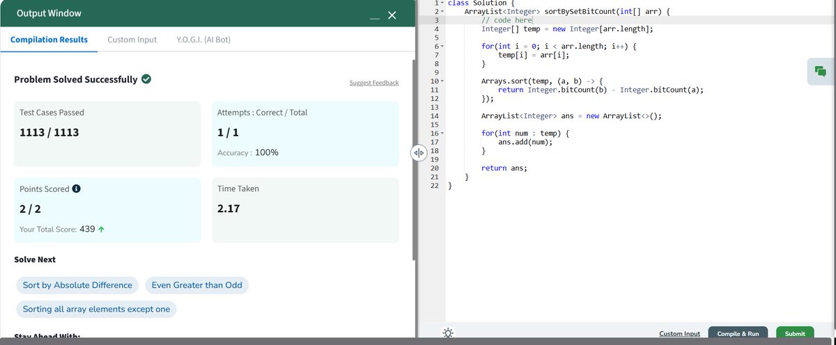 Deepans18044676's tweet photo. Day 75 from my #60DaysOfDSA  Challenge    Solved today’s POTD on
@geeksforgeeks

Sort by Set Bit 1113/1113 Test Cases passed with O(nlogn)                              
Thanks @NPCI_India for pushing coding culture  #geekstreak60 #NPCI #geeksforgeeks #gfg
@NPCI_NPCI https://t.co/vK3GM0AFMS