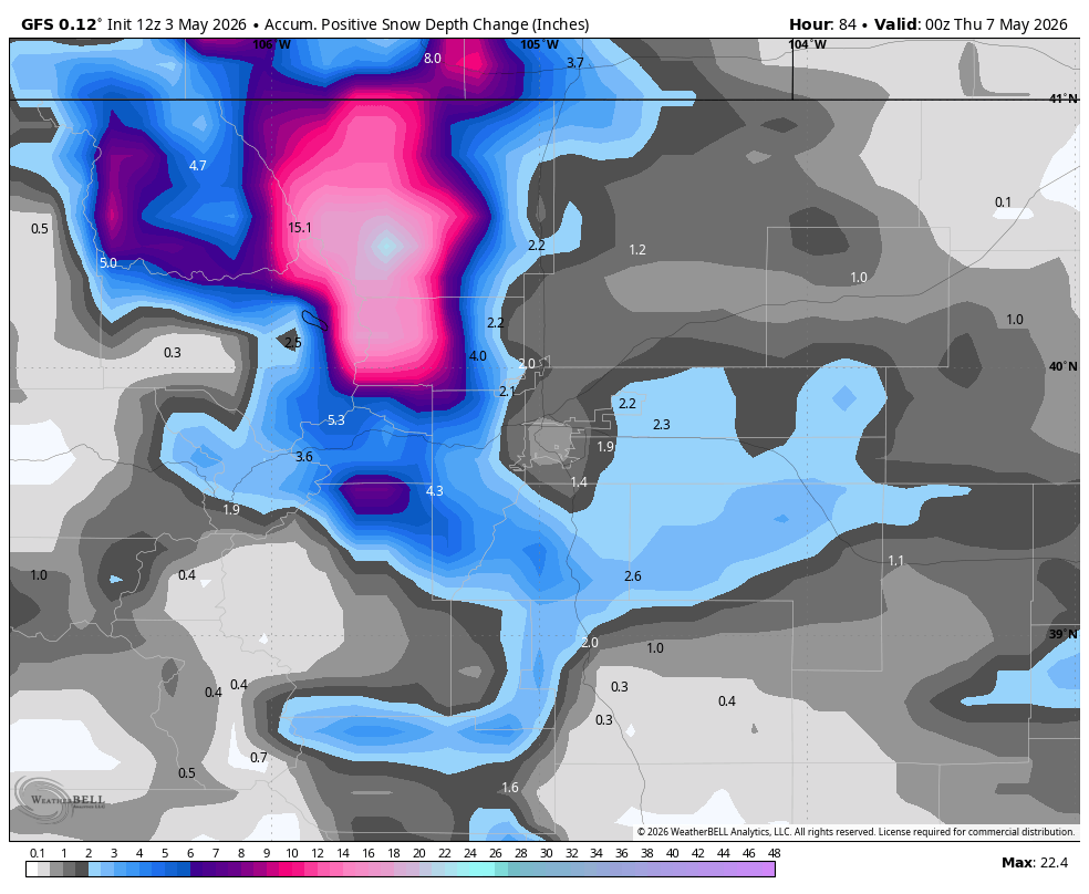 coloradowx's tweet image. Friends don't let friends post Kuchera #snow maps or 10:1 ratio snow maps for storm systems in early May in Colorado &amp;lt;6000ft. Note major differences between 12z GFS 10:1 snow depiction (left) and its accumulated positive snow depth change map (right). #COwx #weather #Denver