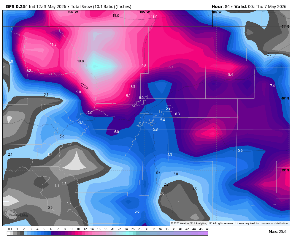 coloradowx's tweet image. Friends don't let friends post Kuchera #snow maps or 10:1 ratio snow maps for storm systems in early May in Colorado &amp;lt;6000ft. Note major differences between 12z GFS 10:1 snow depiction (left) and its accumulated positive snow depth change map (right). #COwx #weather #Denver