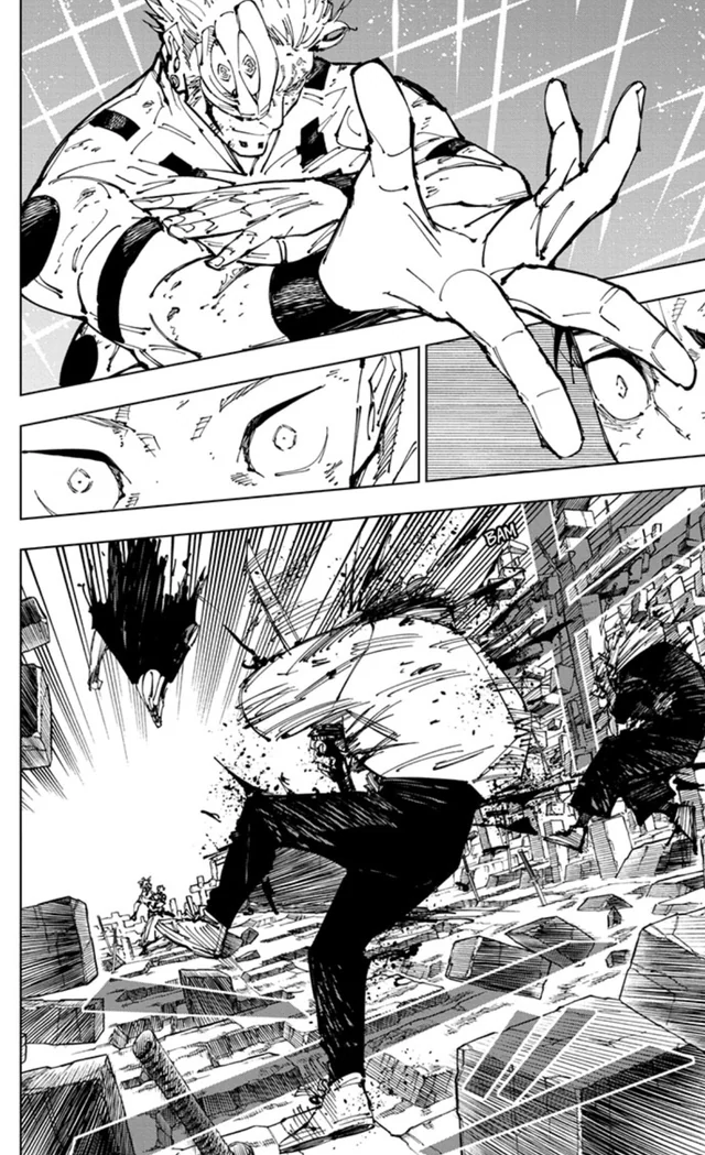 Gans2D's tweet photo. @N64Rat @LewisJames00769 @EnDerBOyyyy @100Myless The only thing gege incorporated was sukuna throwing a volley of dismantles+Yuji charging a BF. He only praised MAPPA animators for squeezing a 10+min fight out of 2chap. Sukuna low diffed Mahoraga in the manga, the anime extended the fight purely for spectacle. Plot=/=spectacle https://t.co/sFigWKSPzE