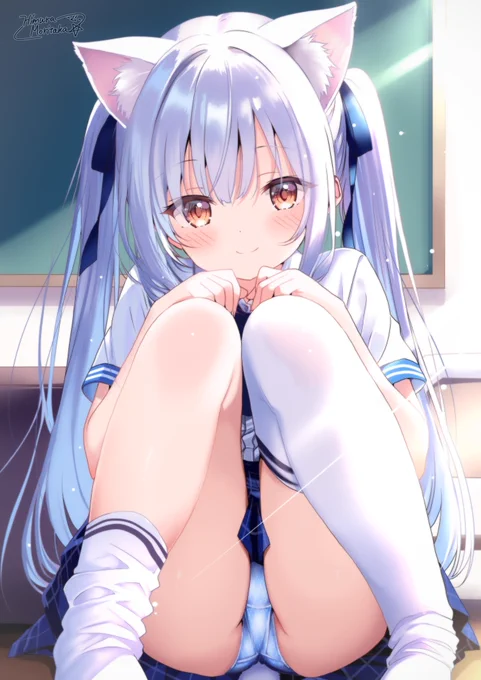 「……まだ、帰っちゃダメ」 ツインテねこ耳ちゃんと放課後の時間 差し込む光 髪の質感や空気感を意識しつつ 瞳の中もいつもよりこだわって 描きこんで仕上げでみました……!