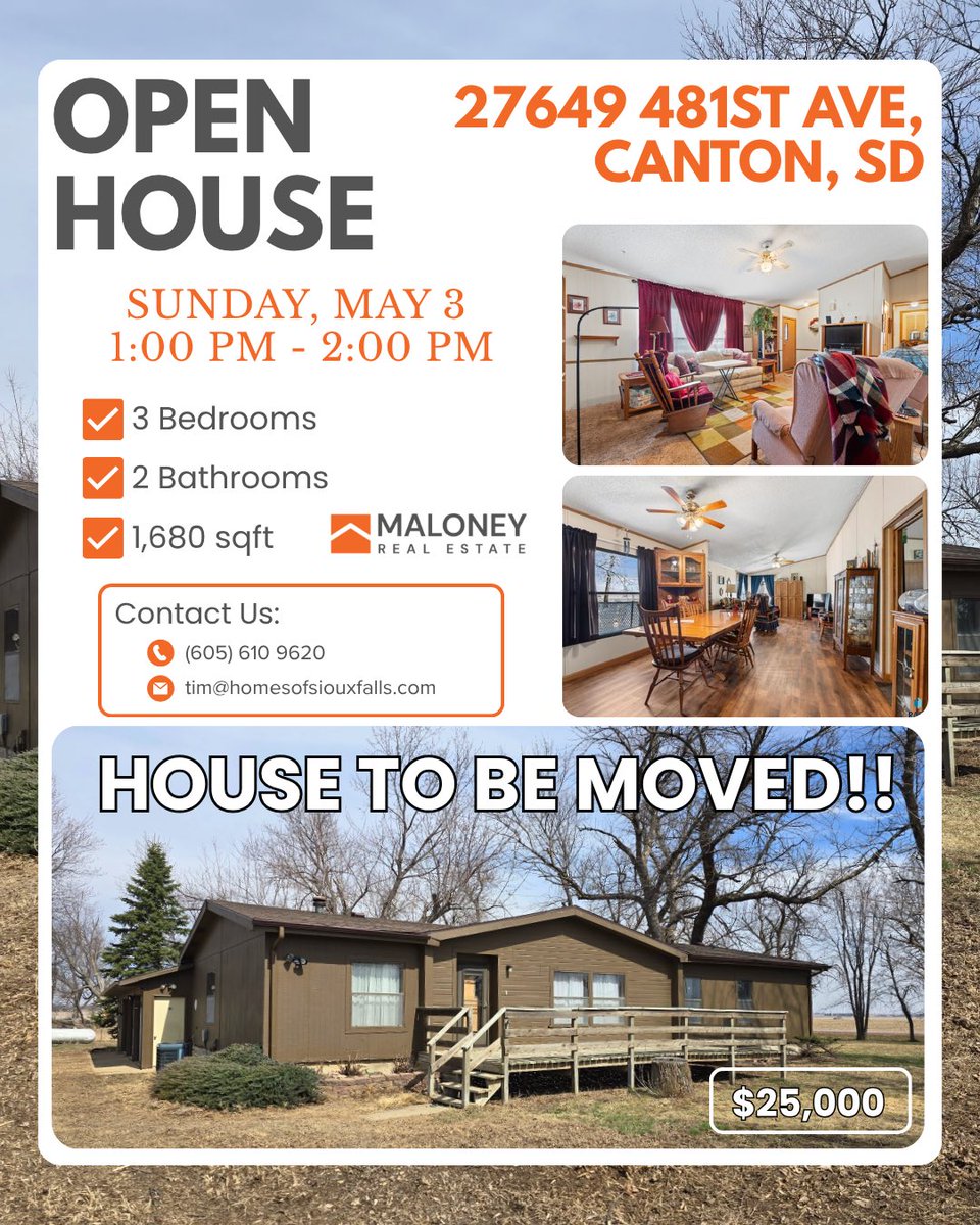 DoesesGirl's tweet image. Open house starts in a half hour - don’t miss this one 👀

This 3-bed, 2-bath manufactured home is priced at just $25,000… yes, seriously. The catch? It needs to be moved.

#OpenHouse #ComeSeeYourNewHome #LoveWhereYouLive #SouthDakotaRealEstate #KatieDayRealtor