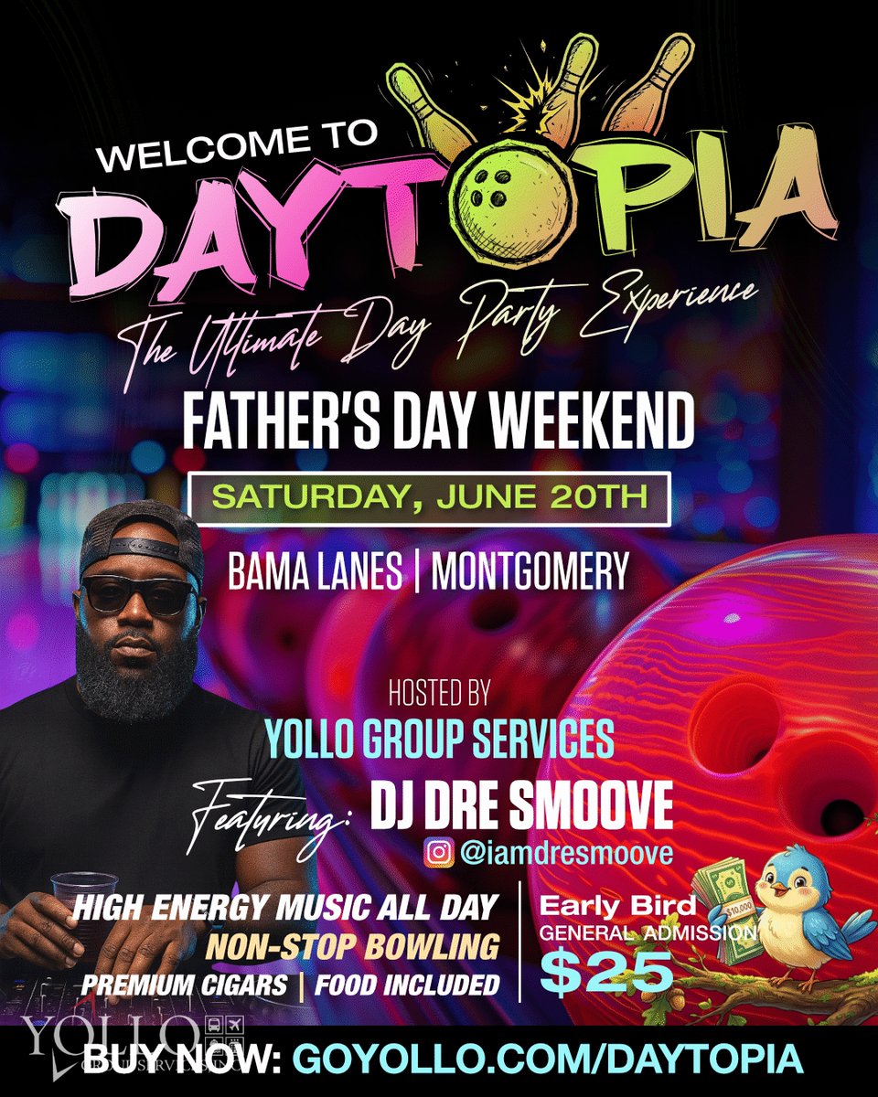 YOLLOGSINC's tweet photo. Daytopia is taking over Montgomery with:
🎳 Bowling
🎶 Live DJ
🍽️ Food + vibes
🏆 Games &amp; prizes

One day. One vibe. One unforgettable experience.

Pull up with your crew and let’s make memories.

#Daytopia #YOLLO #RNBOnly #MontgomeryVibes #DayParty https://t.co/QF0CrYiqFA