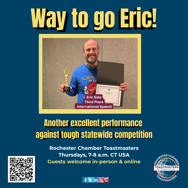 ChamberTmasters's tweet image. A Sunday Salute to Eric Gatz for a great performance against statewide competition #Toastmasters  #rochmn #rochester_mn #publicspeaking #leadership #rochestermn #mentorship #neighborshare #neighborstory #competition #speech #contest
