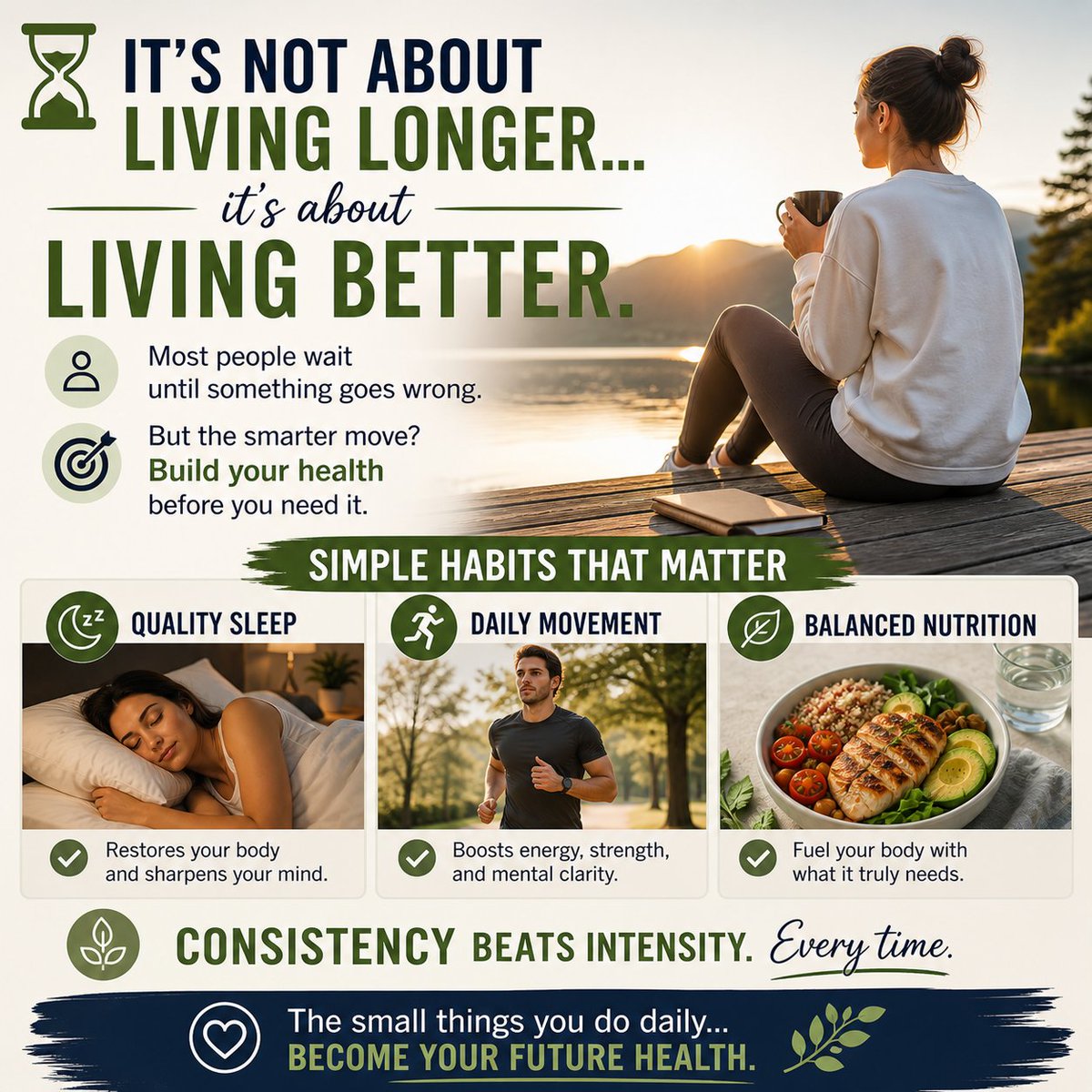 Daytodayhealths's tweet image. Longevity isn’t about living longer—it’s about living better.Dont wait until something goes wrong.
Build health before you need it.Habits that matter:
✔ Quality sleep
✔ Daily movement
✔ Balanced nutritionConsistency beats intensity every time.#Longevity #HealthyHabits