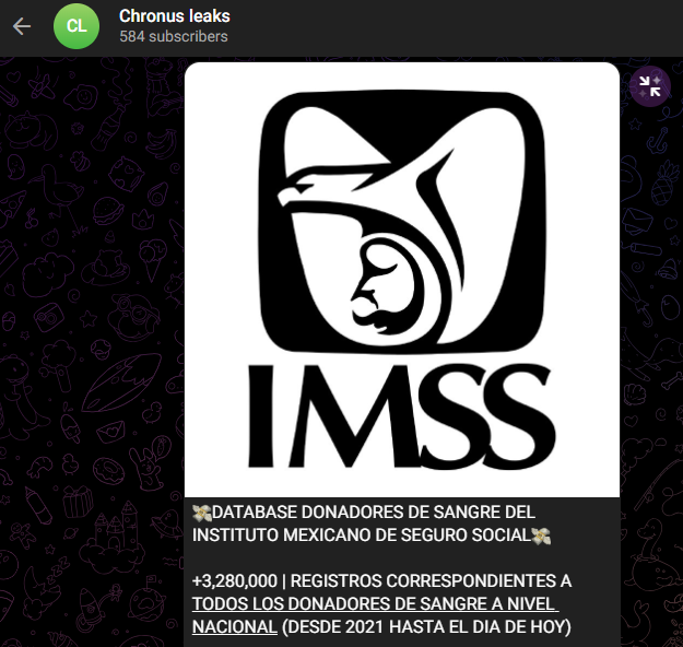 ⚠️🇲🇽Alerta: Se ha identificado la filtración y comercialización de información operativa del Sistema Banco de Sangre perteneciente al Instituto Mexicano del Seguro Social (IMSS).